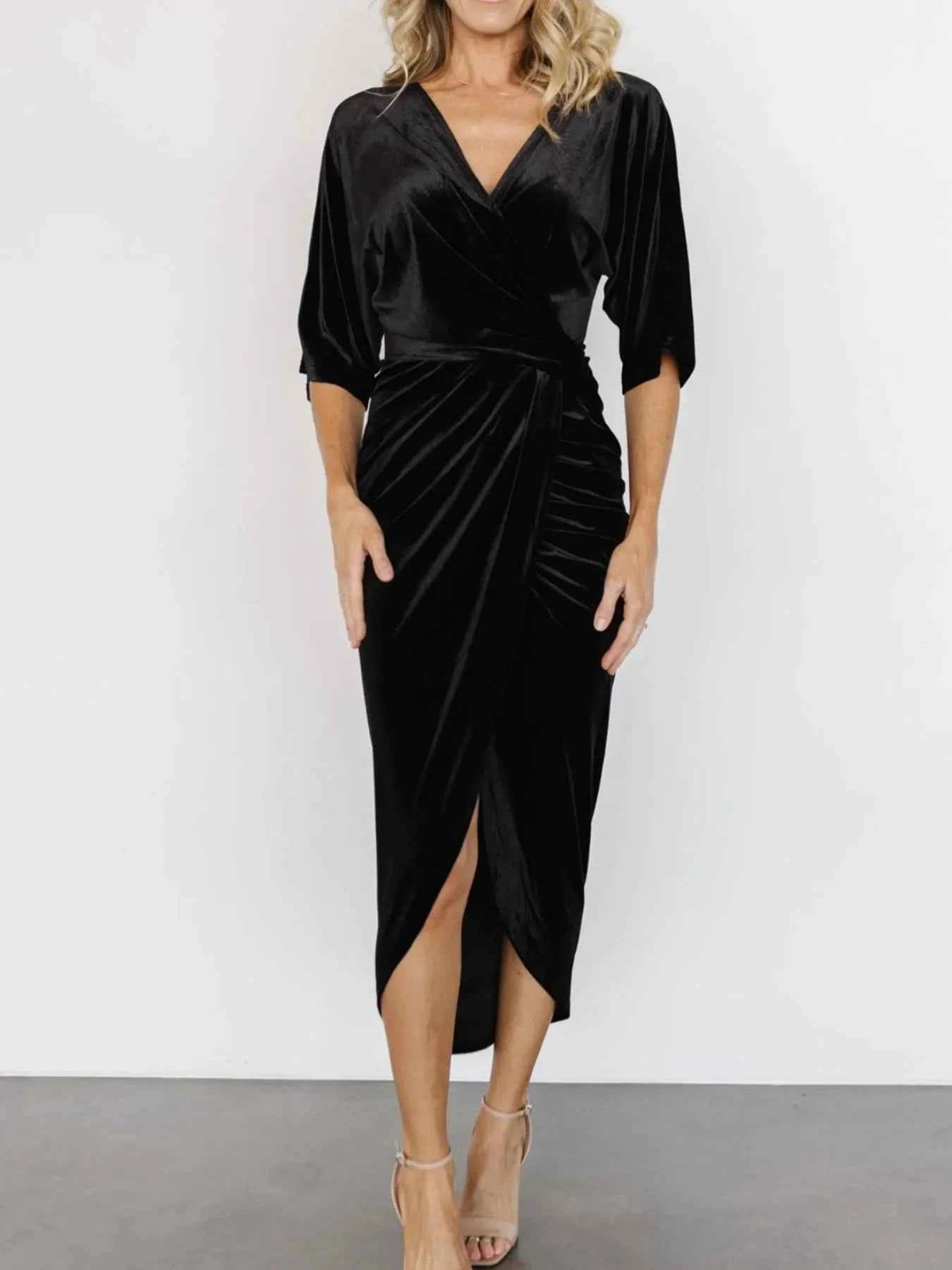 Ruched Surplice Half Sleeve Dress