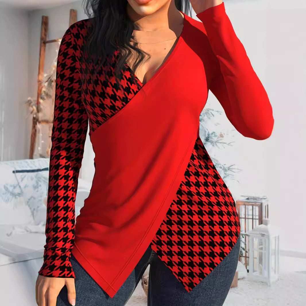 Women's Printed V-neck Blouse Stitching Long Sleeve Women's Top - The Eggy's store