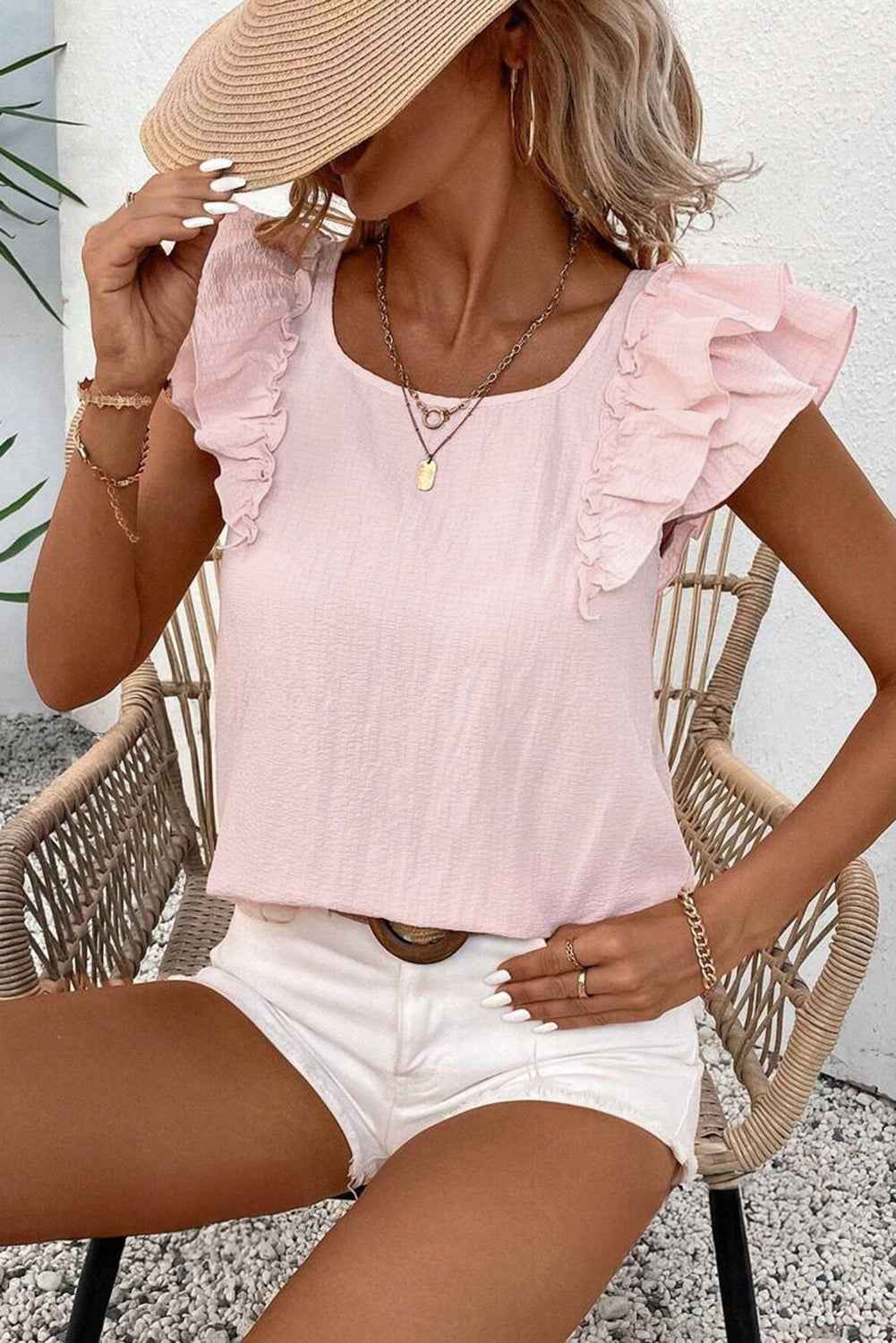 Gossamer Pink Textured Bow Frilled Ruffle Sleeve Blouse