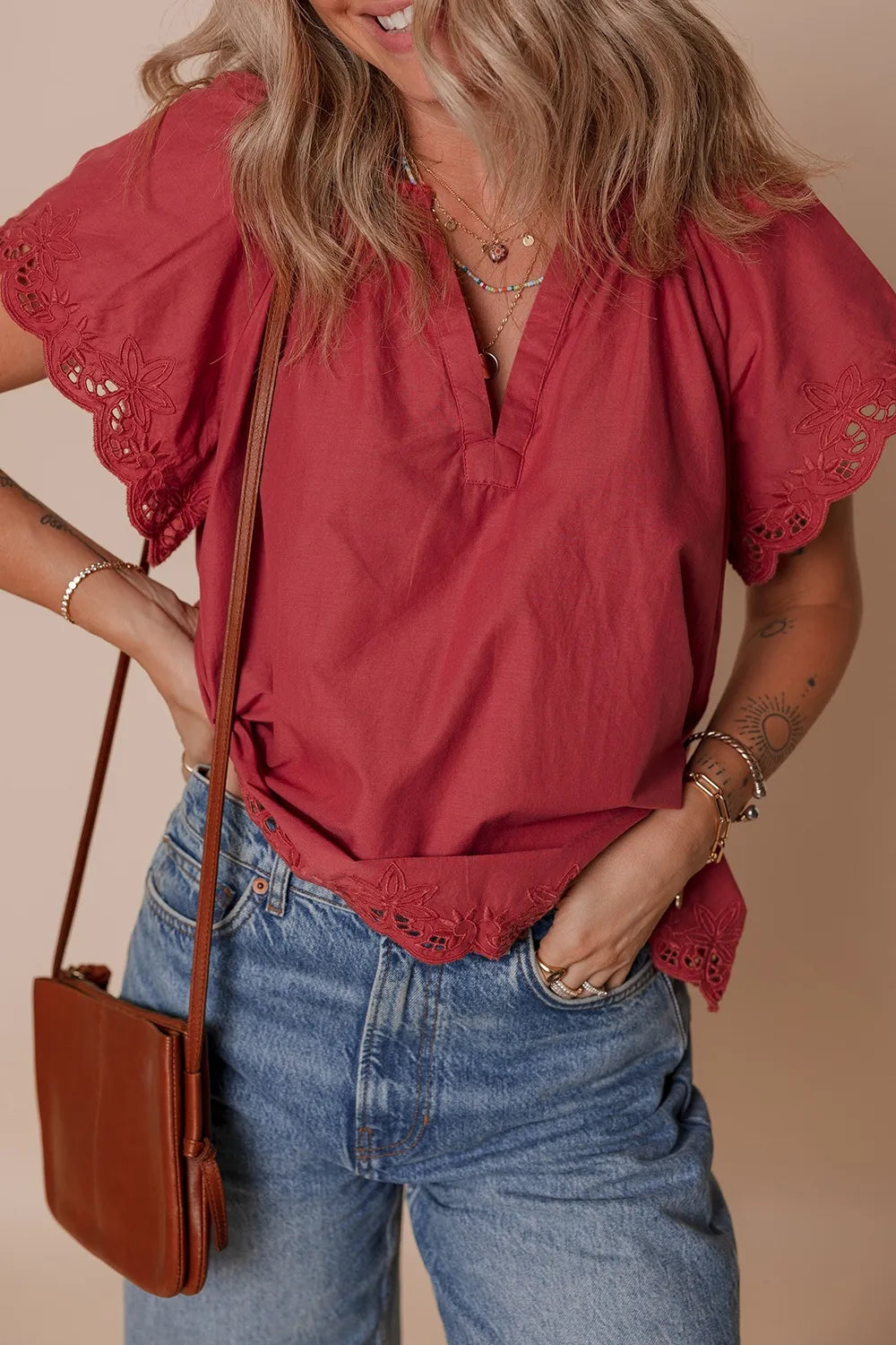 Floral Embroidered Scallop Trim Short Sleeve Notched Blouse - The Eggy's store