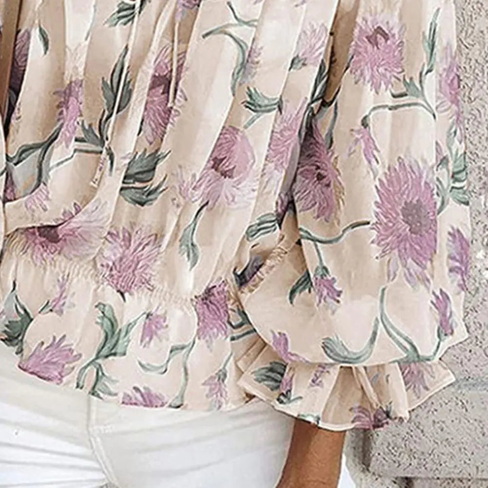 Women's Off-Shoulder Chiffon Print Long Sleeve Women's Top