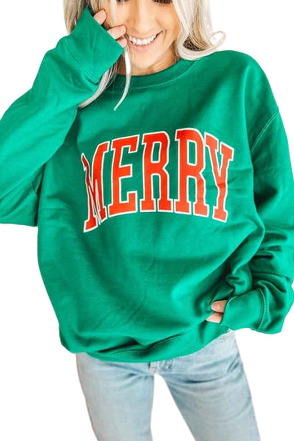 Green MERRY Print Drop Sleeve Pullover Women's Sweatshirt