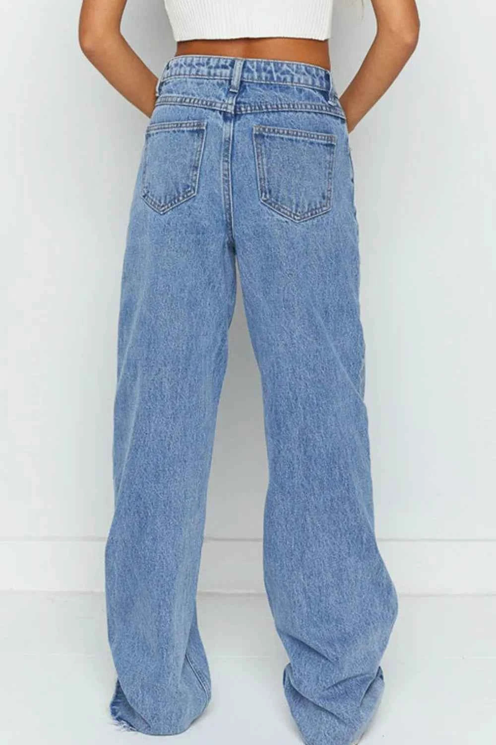 Mid Rise Asymmetrical Waist Wide Leg Jeans