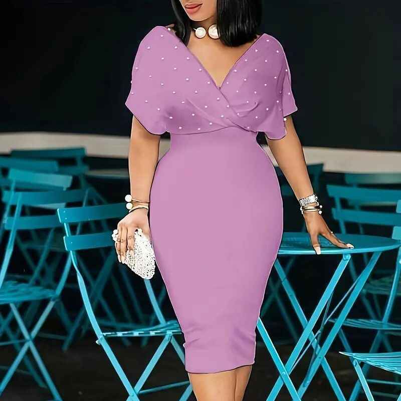Women's Elegant Deep V Neck Wrap Bodycon Dress Back Zipper Pencil Midi Dress