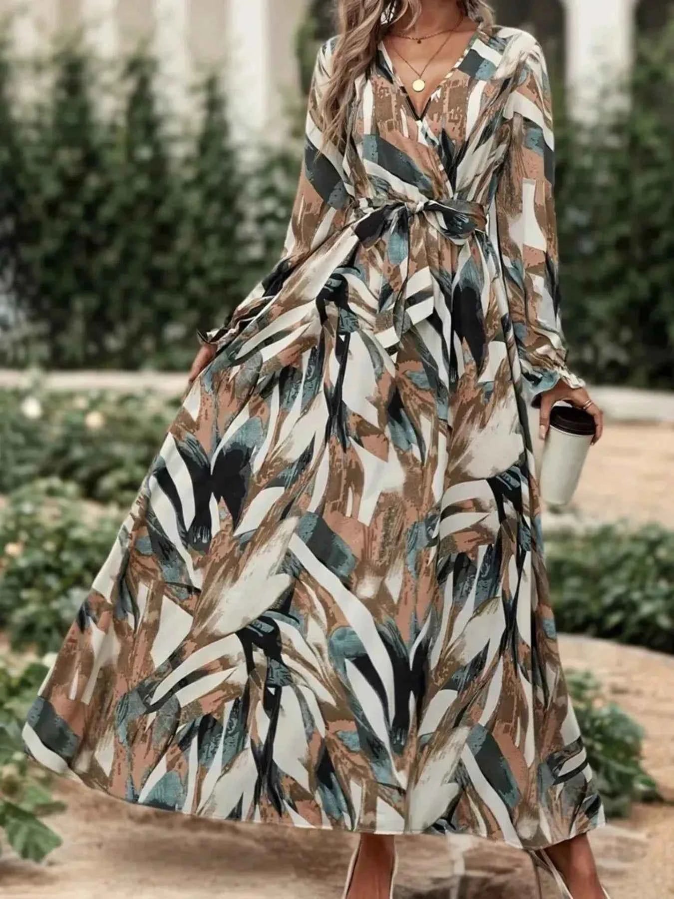 Printed Surplice Flounce Sleeve Maxi Dress