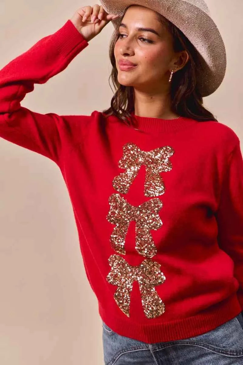 SO ME Sequins Bow Ribbon Embellished Christmas Sweater