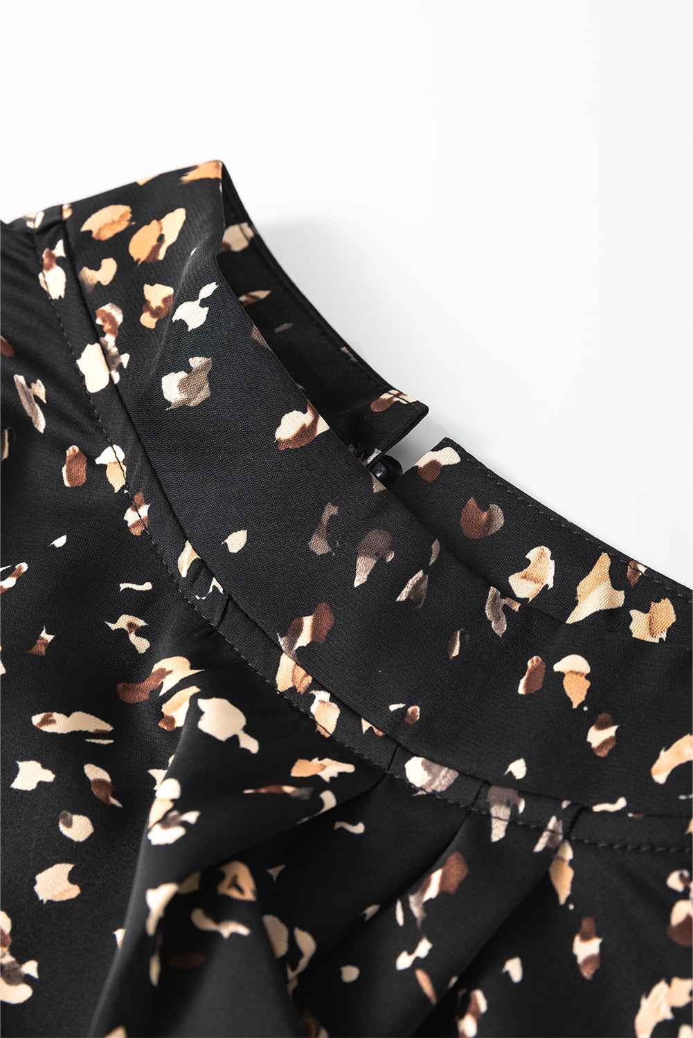 White Leopard Print Puff Sleeve Mock Neck Pleated Blouse