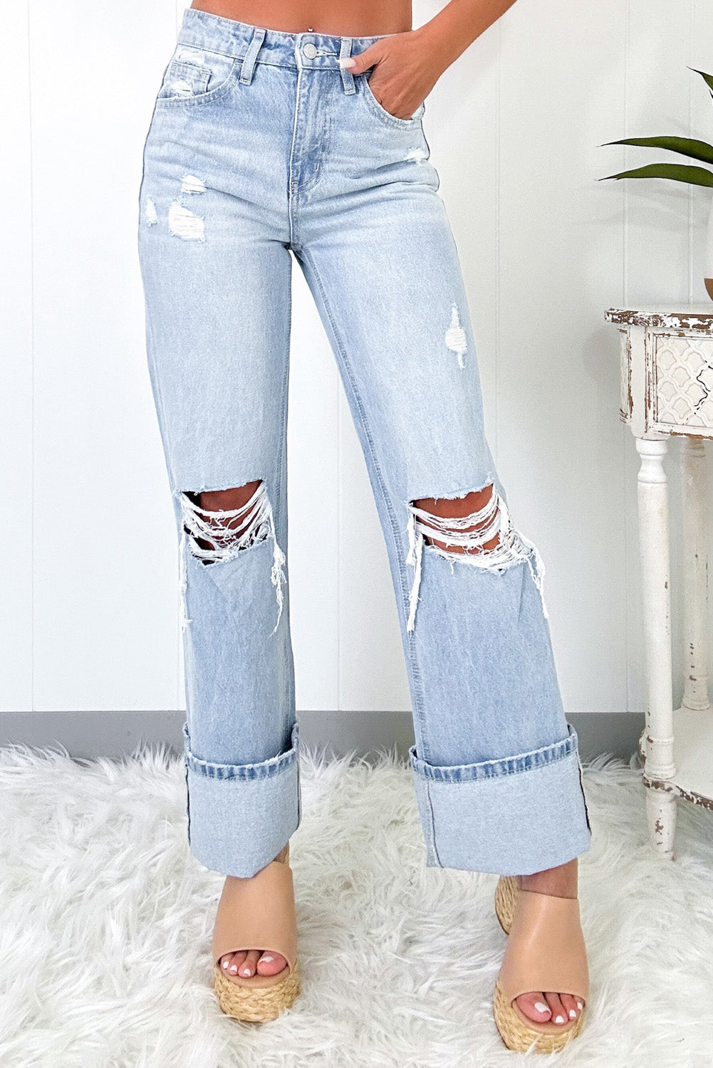 Beau Blue Light Wash Distressed Flare Jeans - The Eggy's store