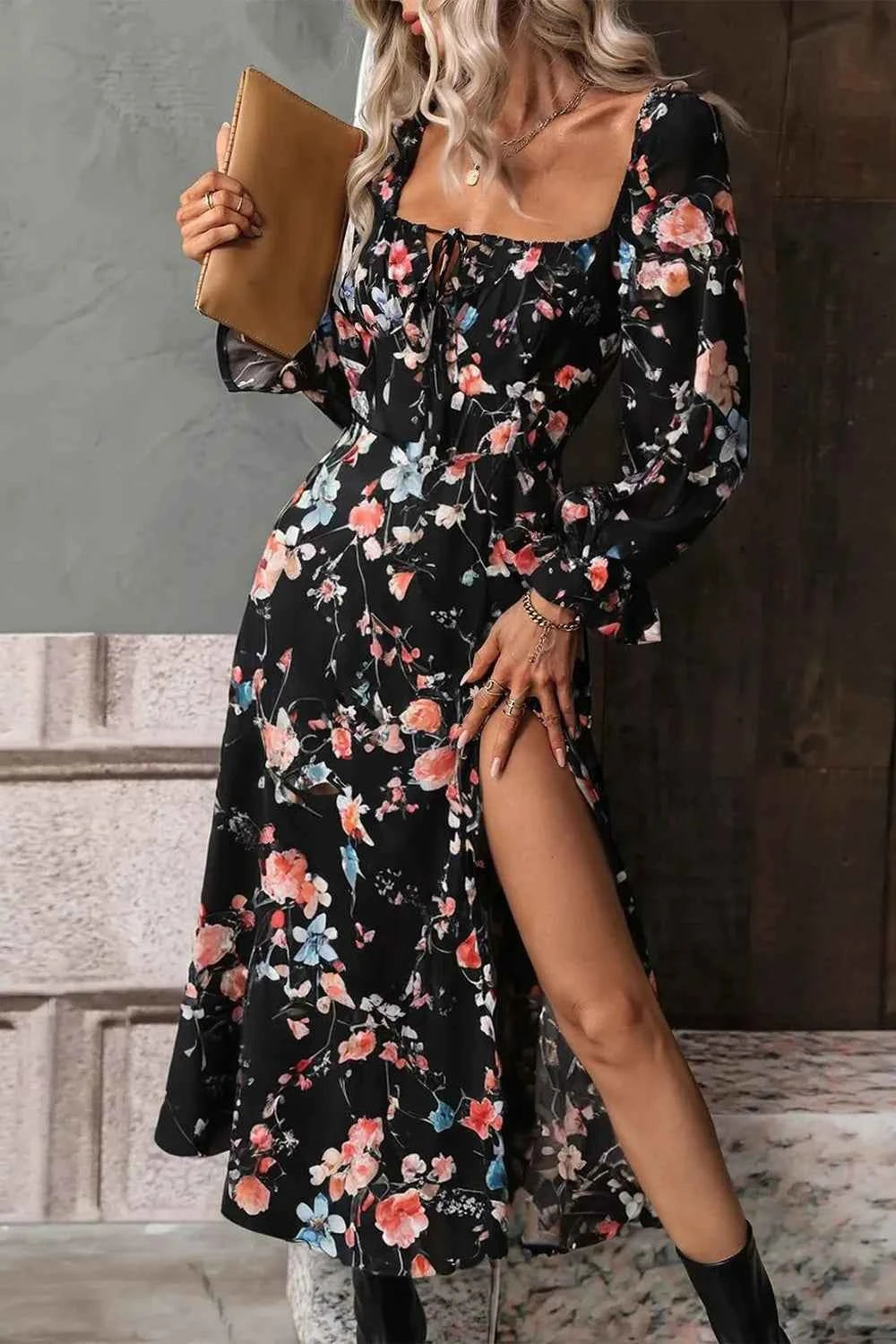 Floral Print Flounce Sleeve Midi Dress