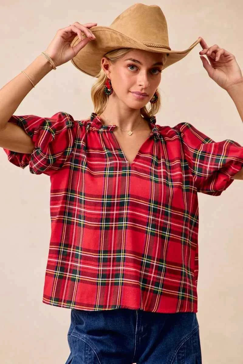 BiBi Christmas Plaid Short Sleeves Ruffled Blouse