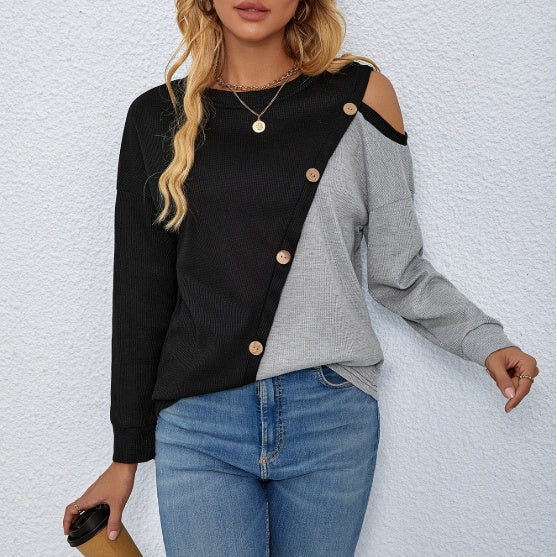 Women's Knitted Long Sleeve Top - Patchwork Versatile Long Sleeve Knitted Women's Top - The Eggy's store