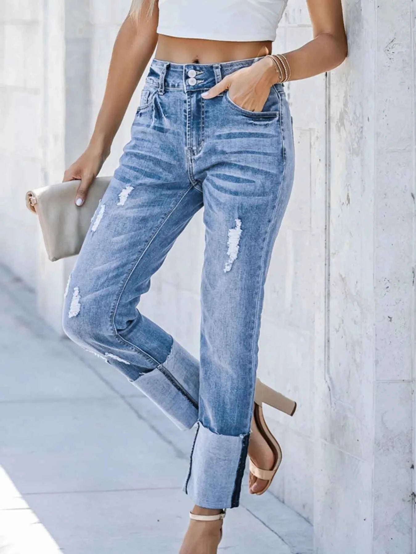 High Waist Distressed Straight Leg Jeans