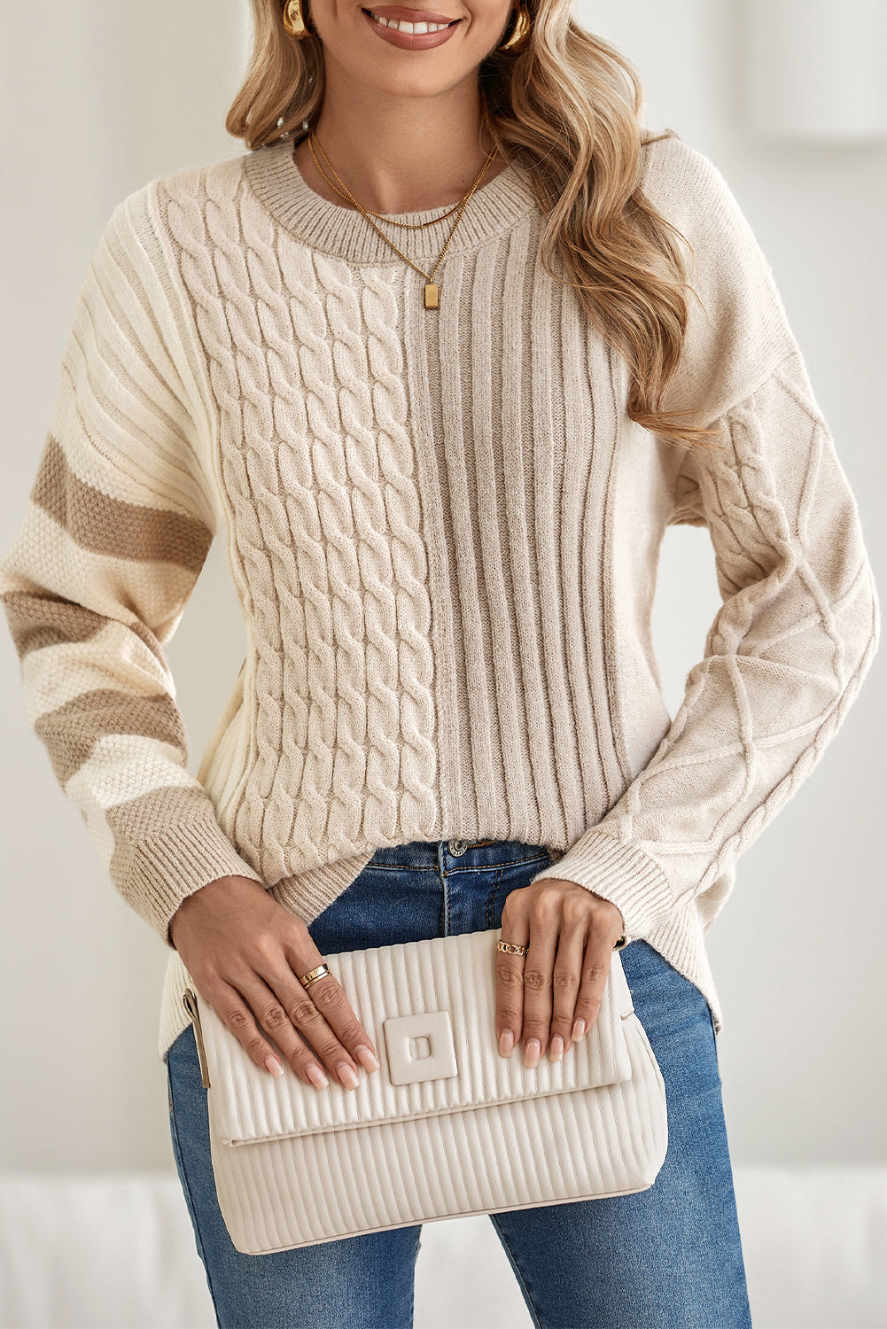 Khaki Cable Knit Colorblock Crew Neck Drop Shoulder Sweater - The Eggy's store