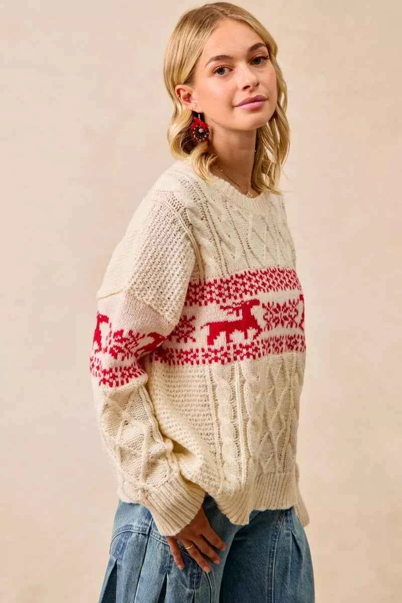 BiBi Christmas Theme Patterned Cable Knit Sweater
