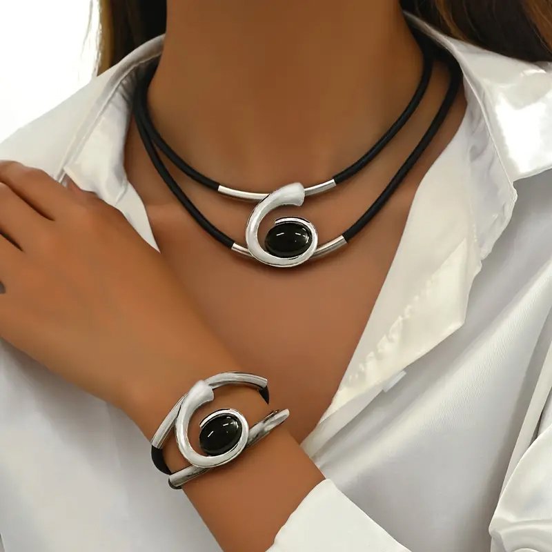 Modern Elegance Black and Silver Leather Choker Set and Bracelet Combo - The Eggy's store