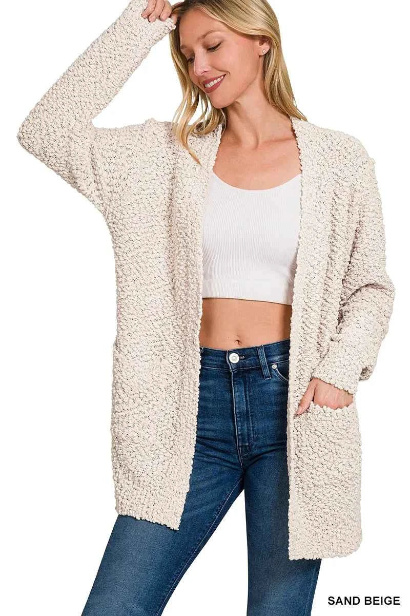 Zenana Long Sleeve Popcorn Sweater Cardigan with Pockets