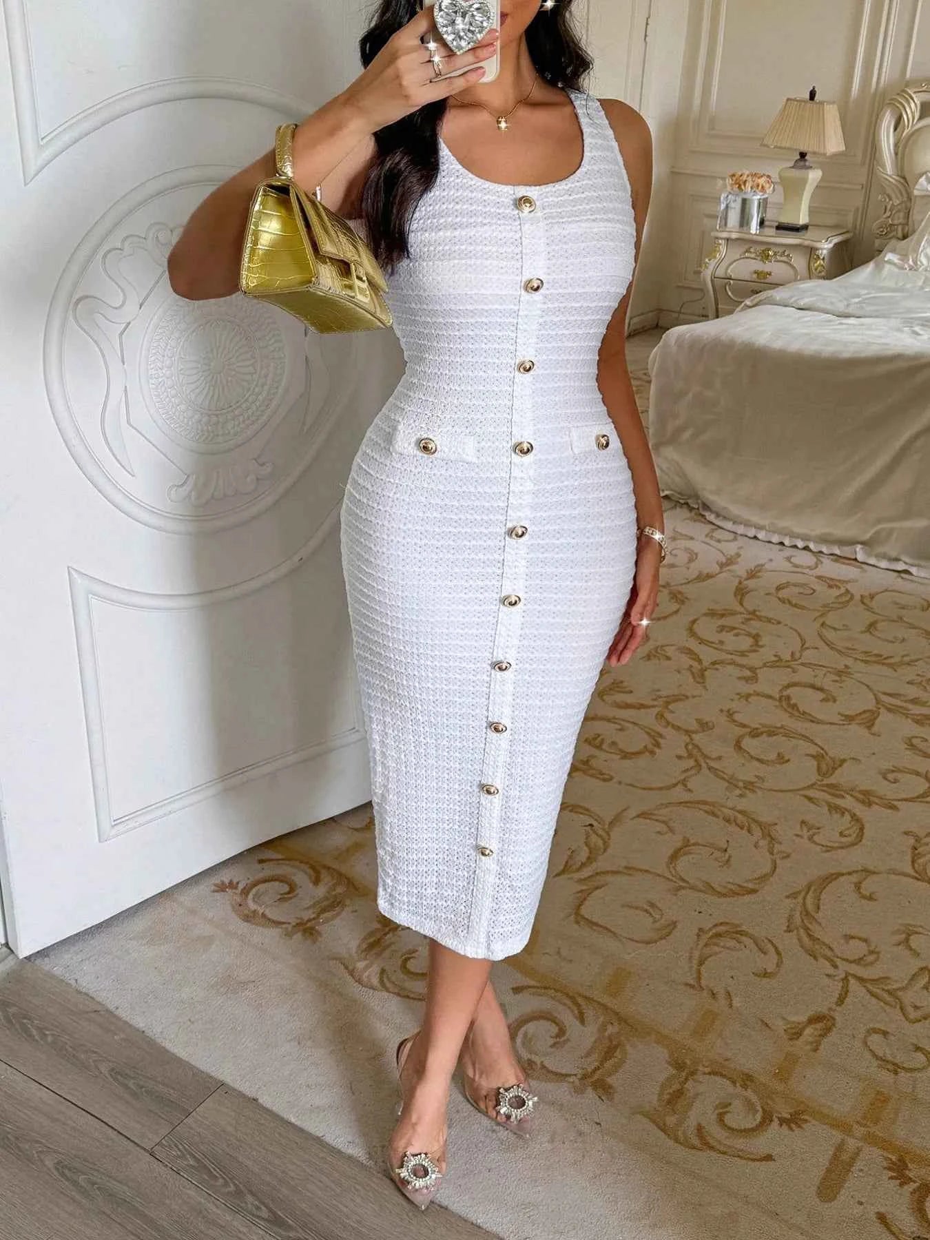 Textured Midi Tank Dress with Decorative Button