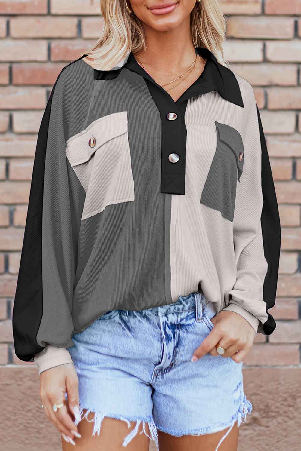 Colorblock Collared Ribbed Patchwork Pocketed Sweatshirt