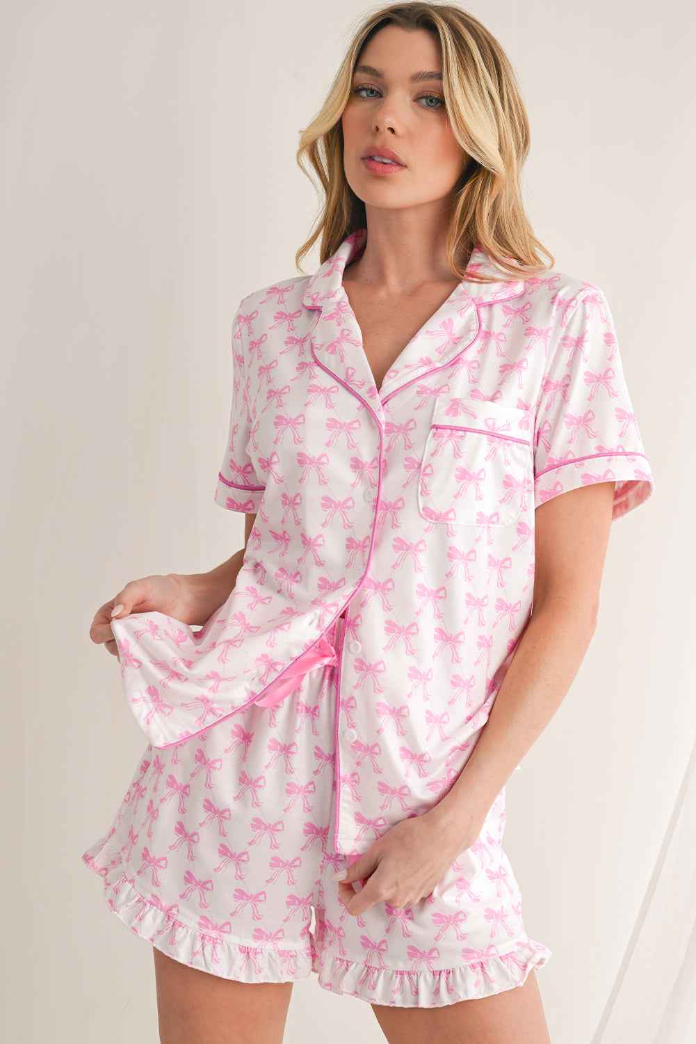 Pink Bowknot Print Shirt and Ruffle Hem Pajamas