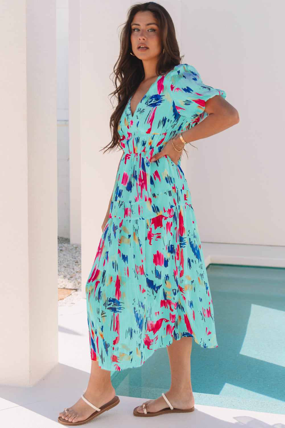 Abstract Print Puff Sleeve Tiered Maxi Dress – V-Neck High Waist