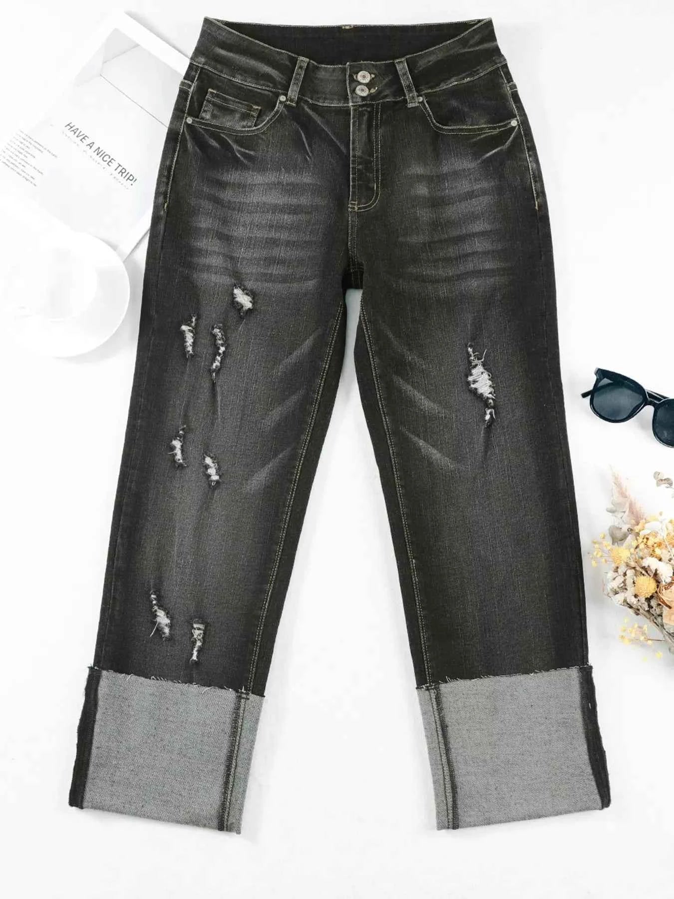 High Waist Distressed Straight Leg Jeans