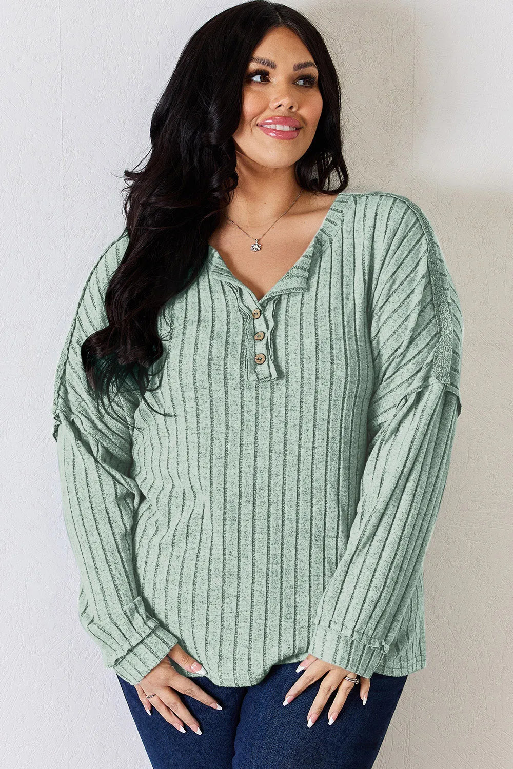Basic Bae Full Size Ribbed Half Button Long Sleeve Women's T-Shirt - The Eggy's store