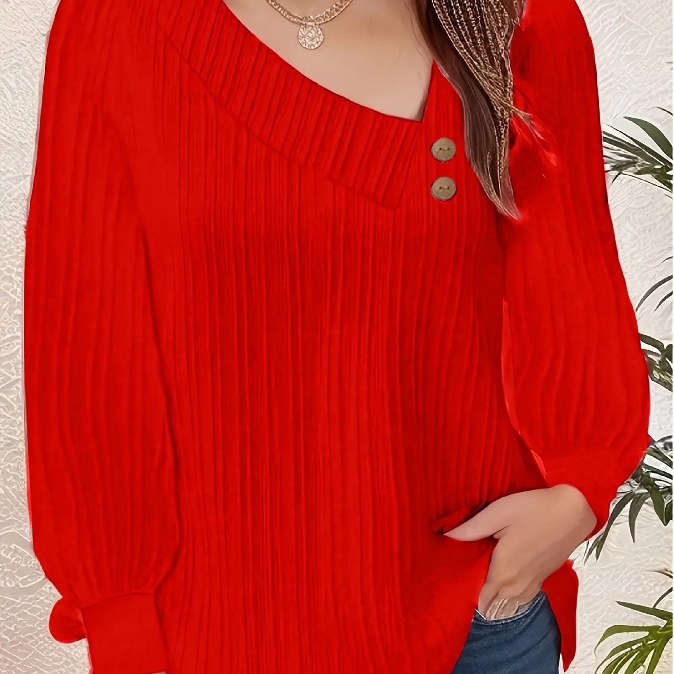 Plus Size Chic V-Neck Blouse with Decorative Buttons