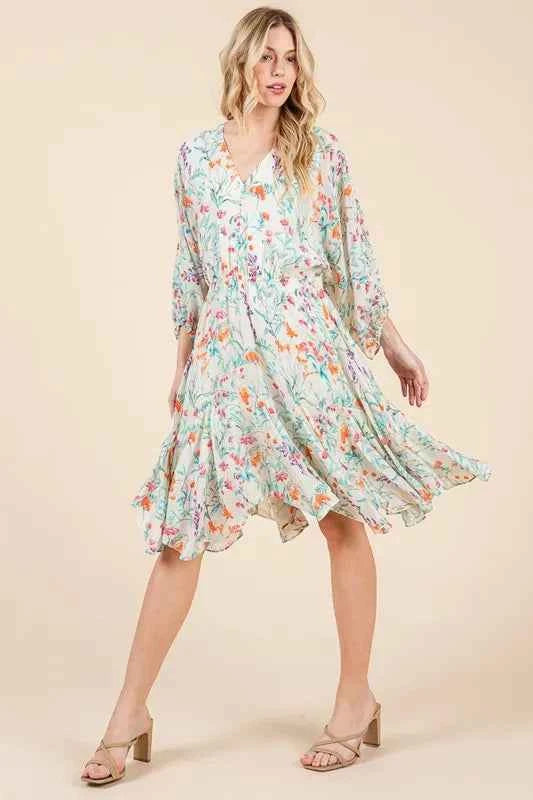 Lime 'N' Chili Floral Cinched Waist Balloon Sleeve V-Neck Dress