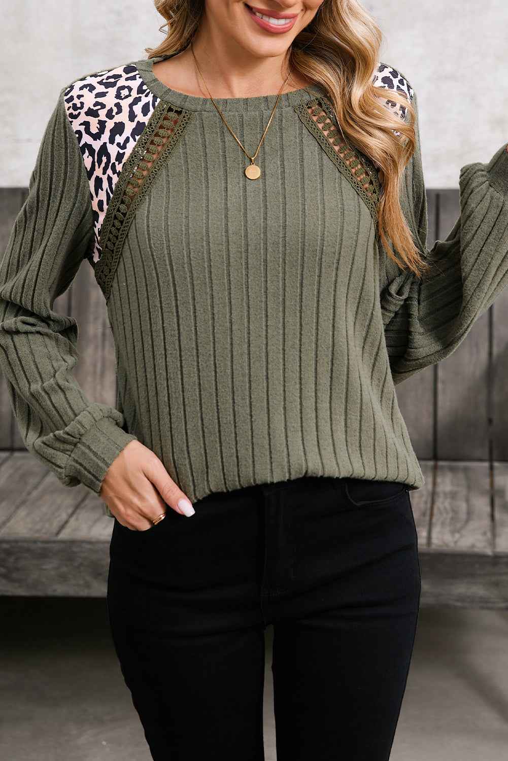 Moss Green Leopard Print Patchwork Crochet Rib Textured Top
