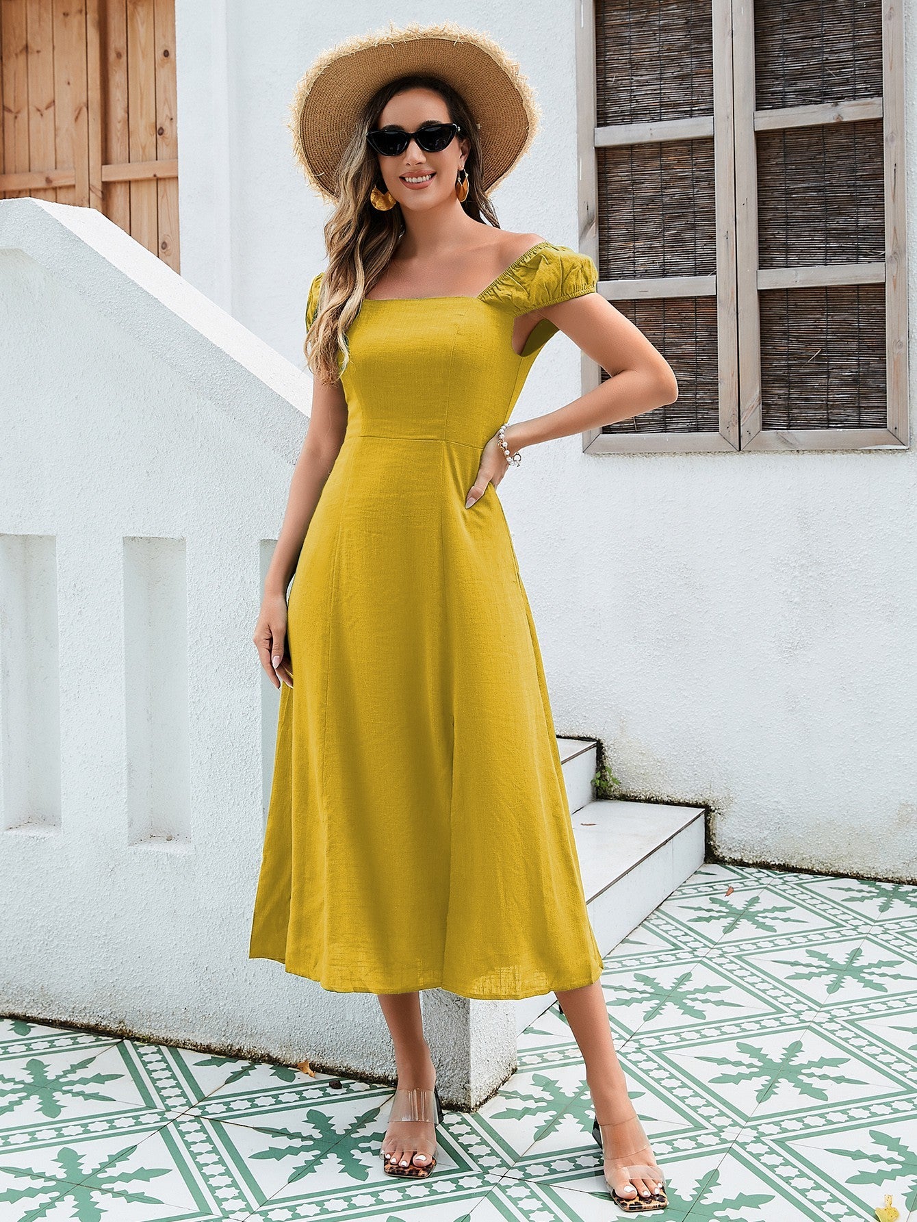 Women's Linen-Cotton Midi Dress - Versatile Off-Shoulder Design With Adjustable Tie-Back And Split Hem In Yellow, Green, And Orange - The Eggy's store