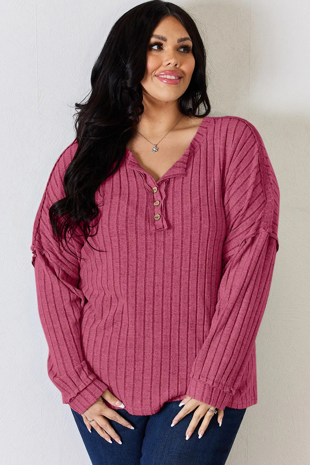 Basic Bae Full Size Ribbed Half Button Long Sleeve Women's T-Shirt - The Eggy's store