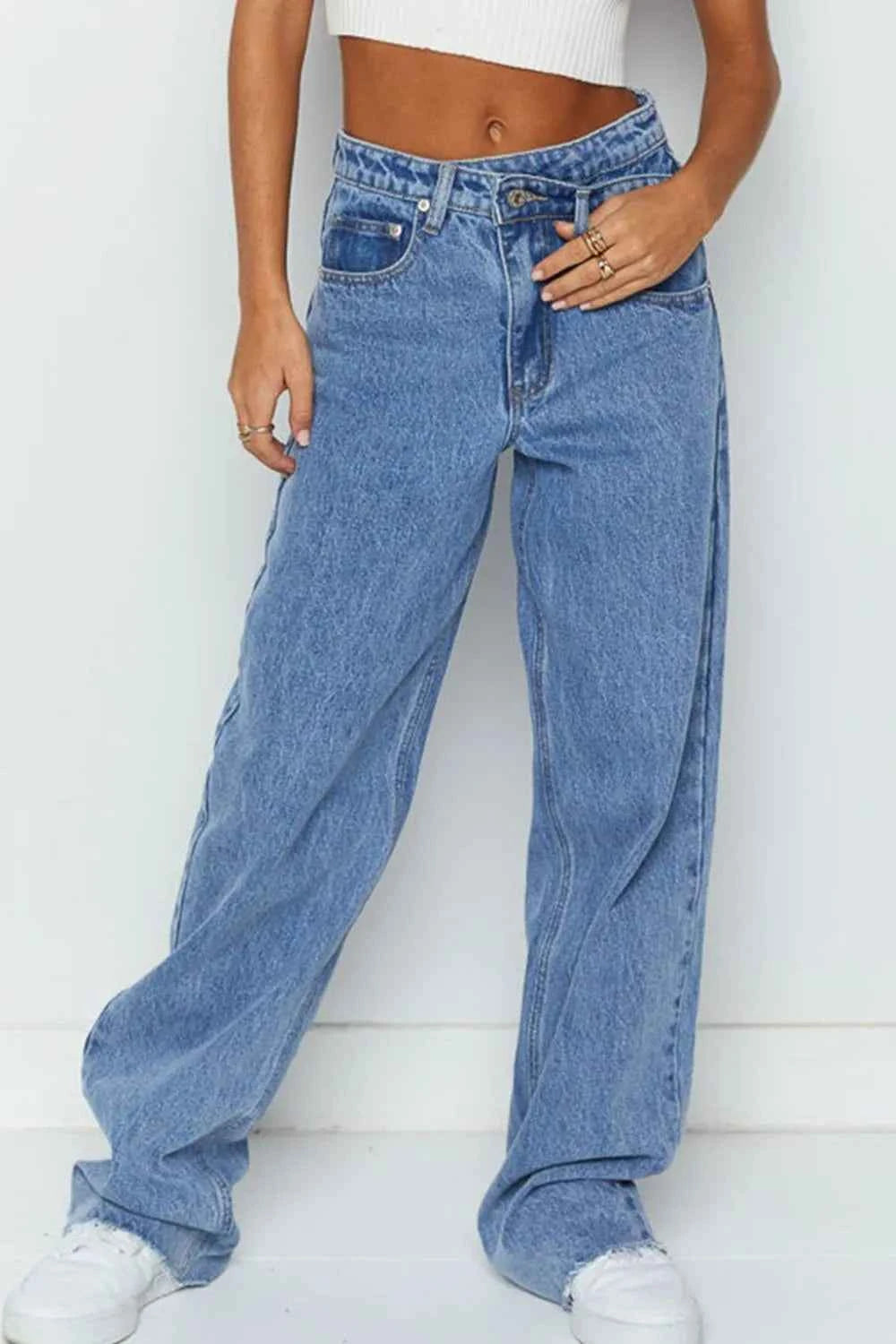 Mid Rise Asymmetrical Waist Wide Leg Jeans