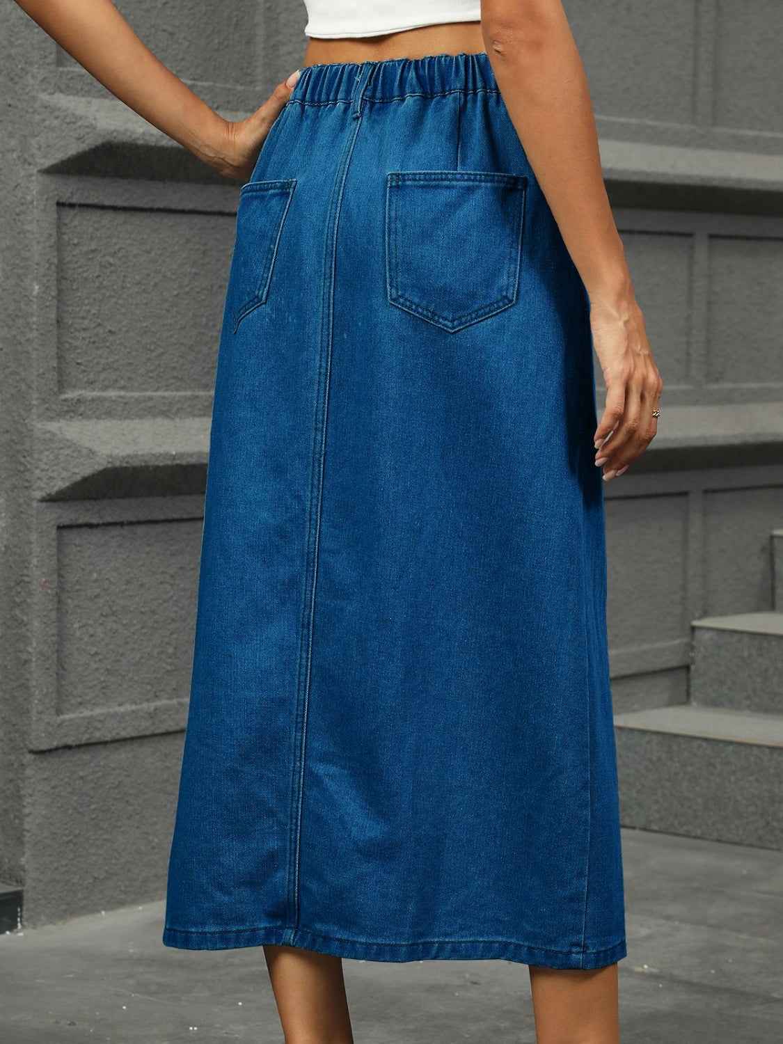 Slit Button Detail Denim Midi Skirt