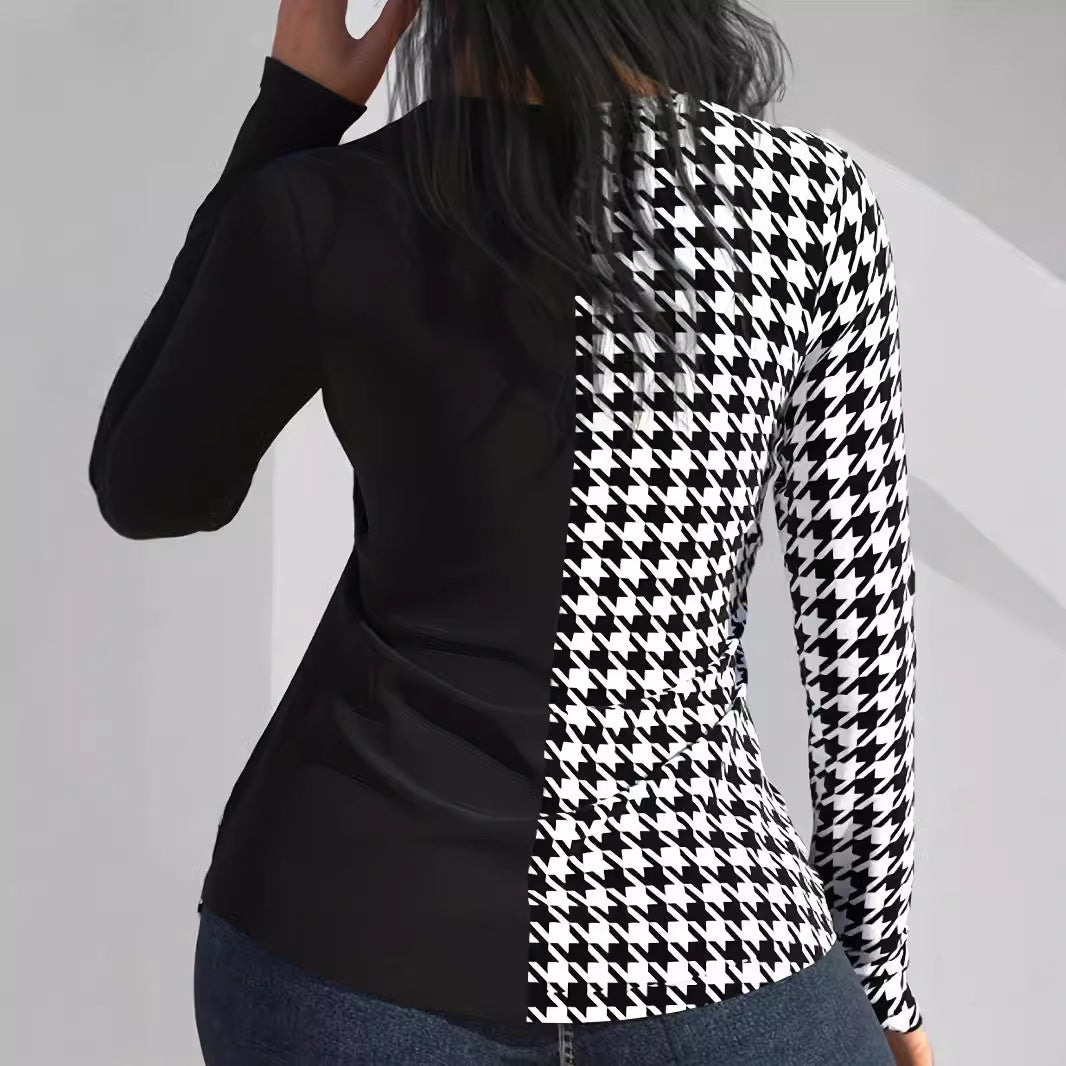 Women's Printed V-neck Blouse Stitching Long Sleeve Women's Top - The Eggy's store