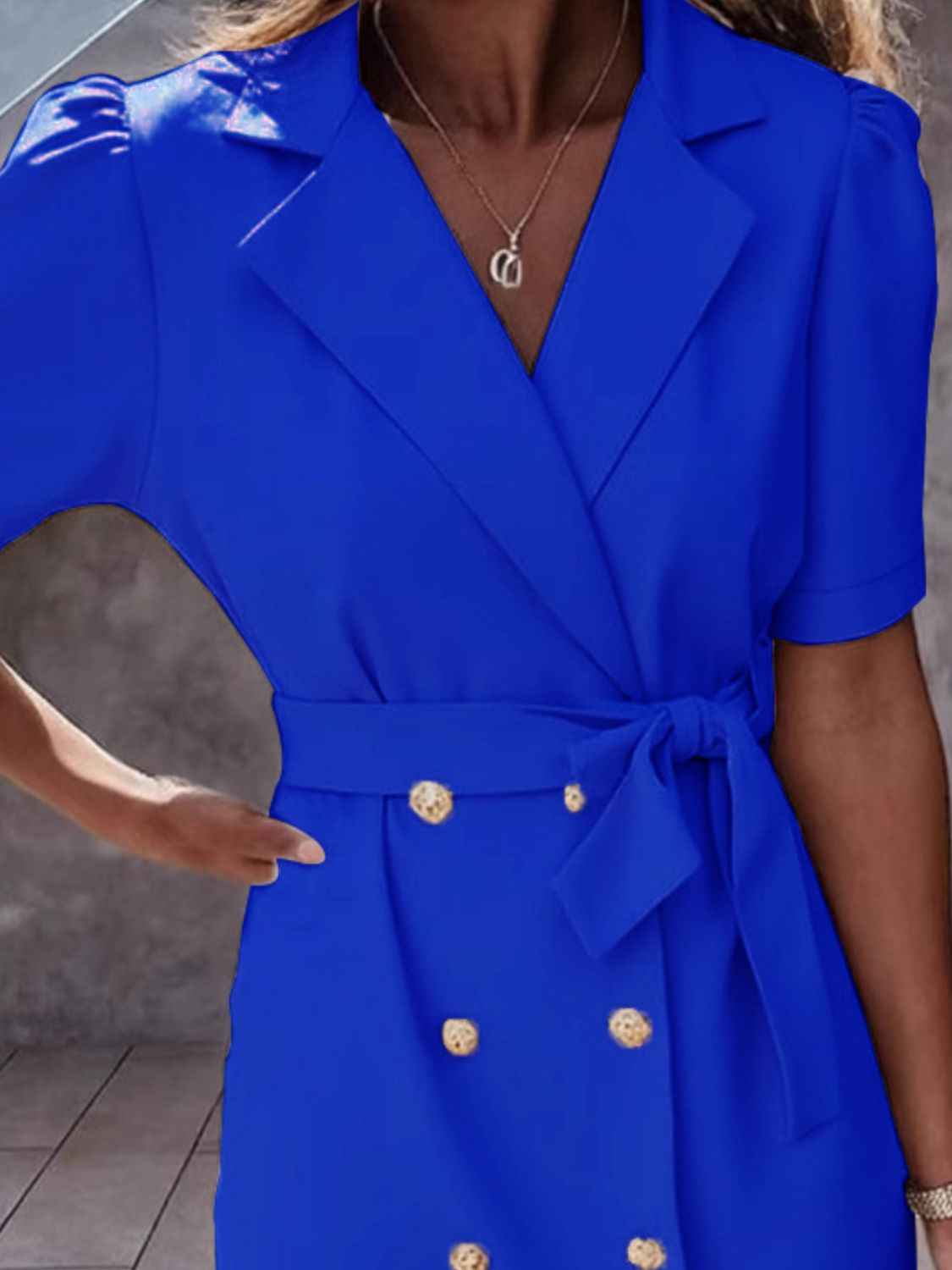 Lapel Collar Short Sleeve Tie Waist Mini Dress