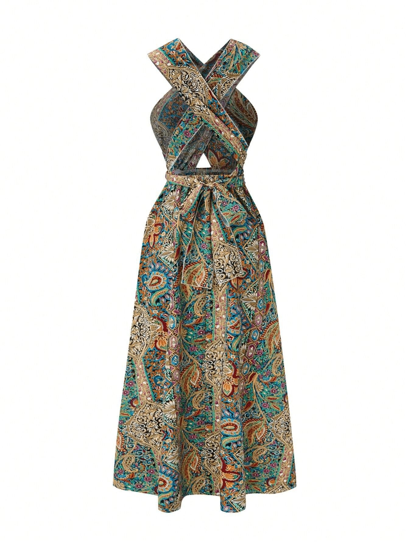 Women Print Maxi Dress with Tie Detail - High Waisted Cross Halter Neck, Flowing Teal & Brown Paisley Vacation Gown, Machine Washable Summer Fashion - The Eggy's store