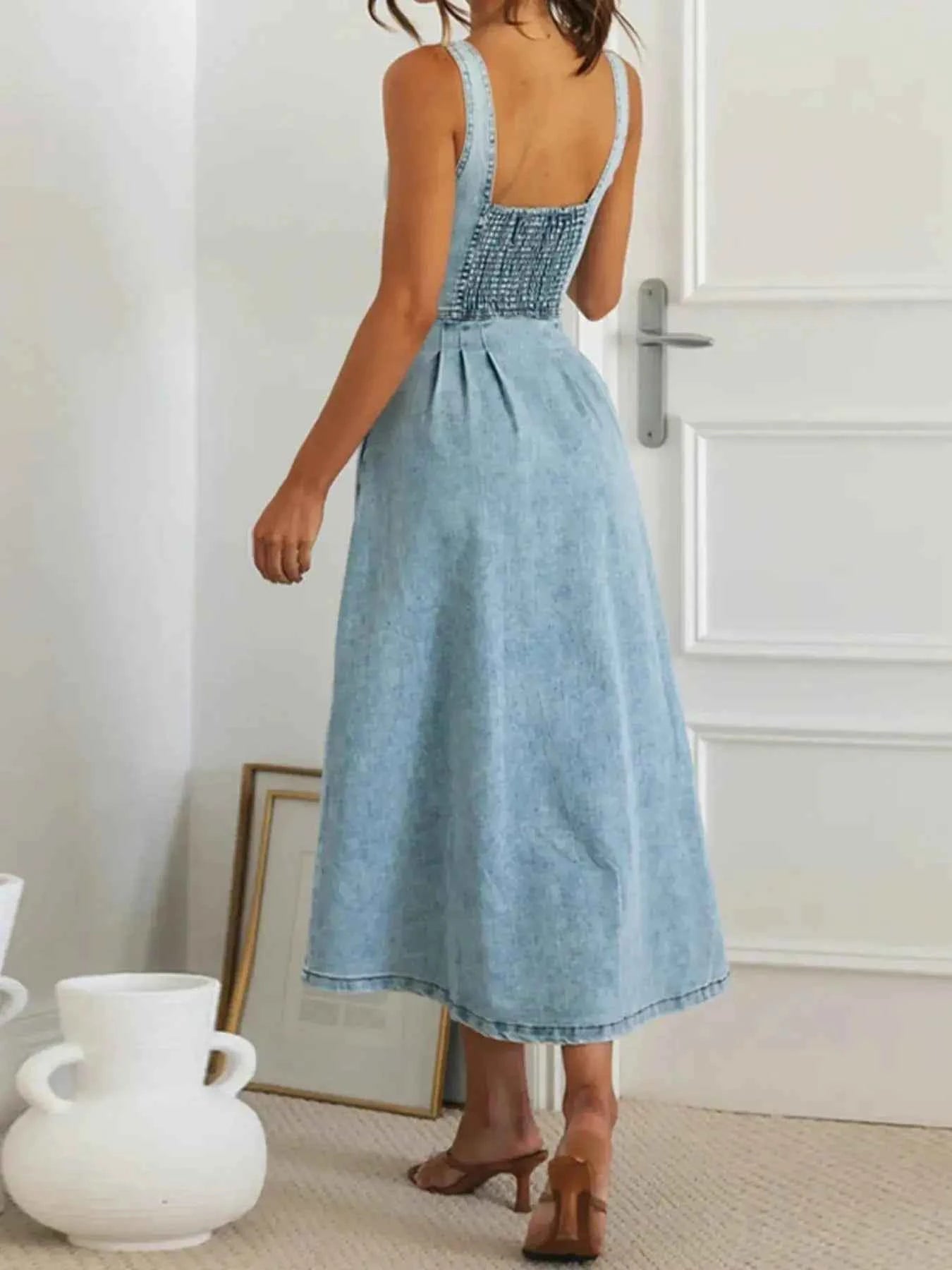 Sweetheart Neck Button-Front Pocketed Denim Midi Dress