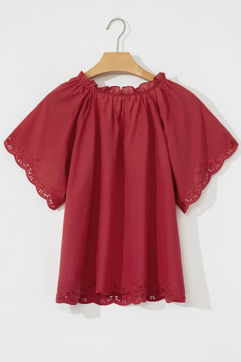 Floral Embroidered Scallop Trim Short Sleeve Notched Blouse - The Eggy's store