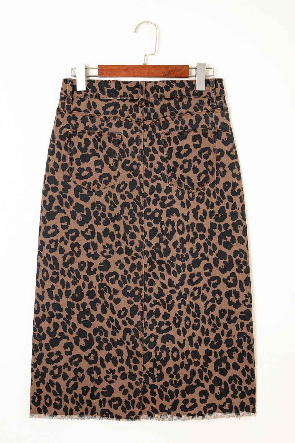 Leopard Denim Frayed Hem Midi Skirt