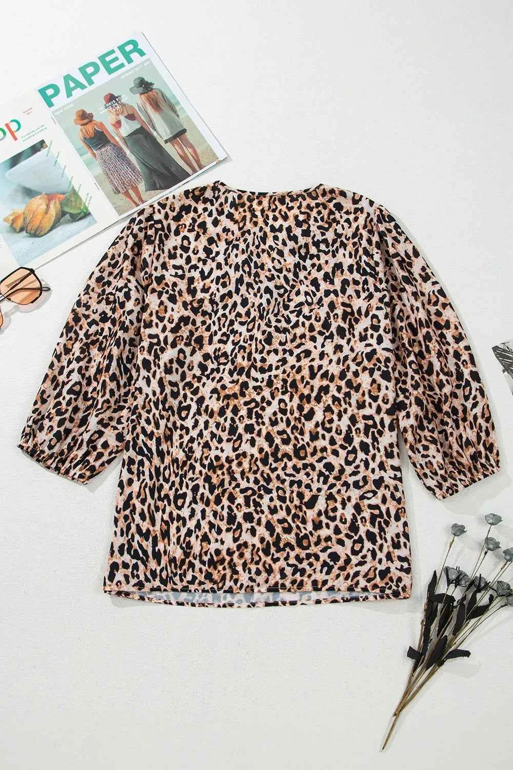 Leopard Notched Half Sleeve Blouse