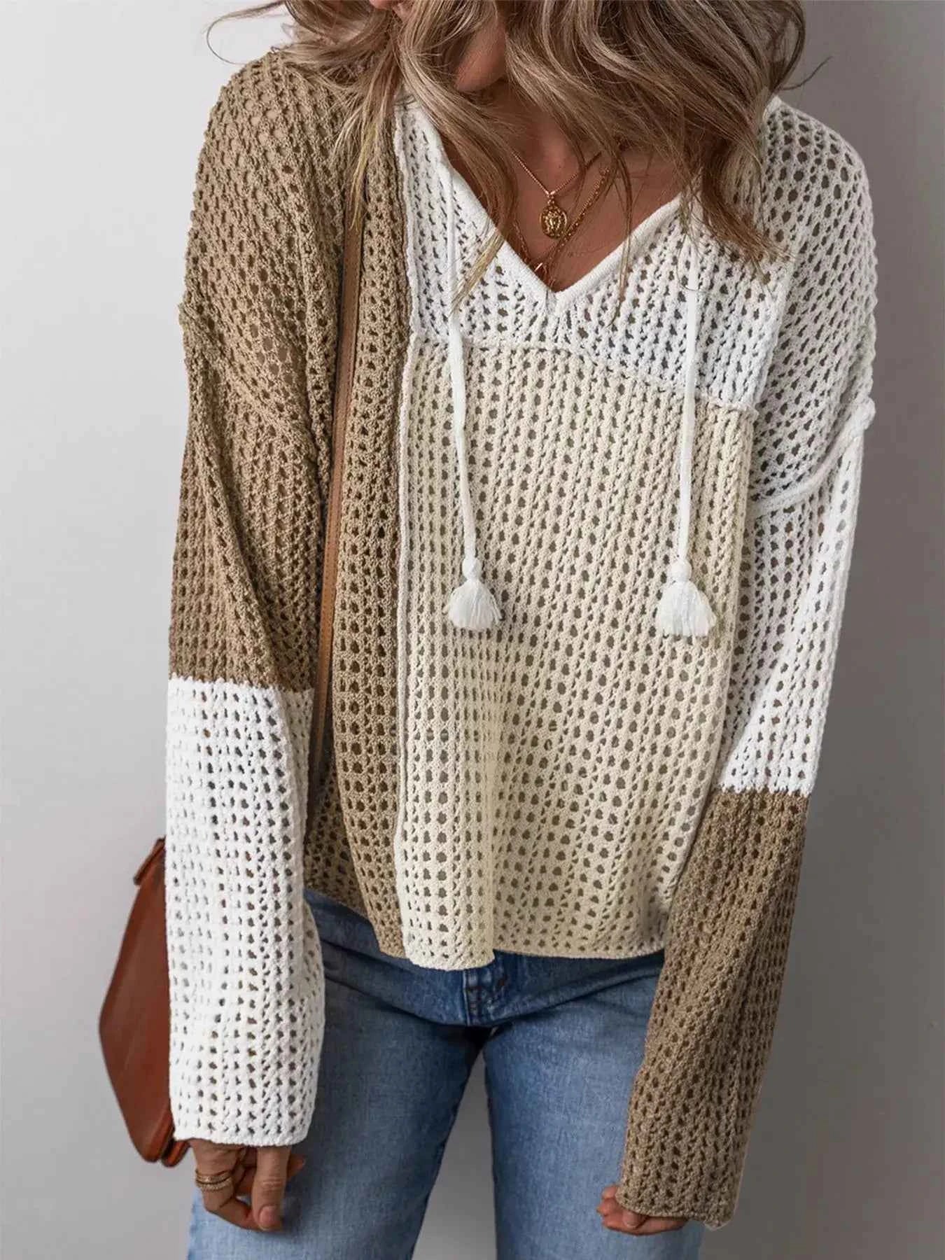 Openwork Tassel Color Block Sweater