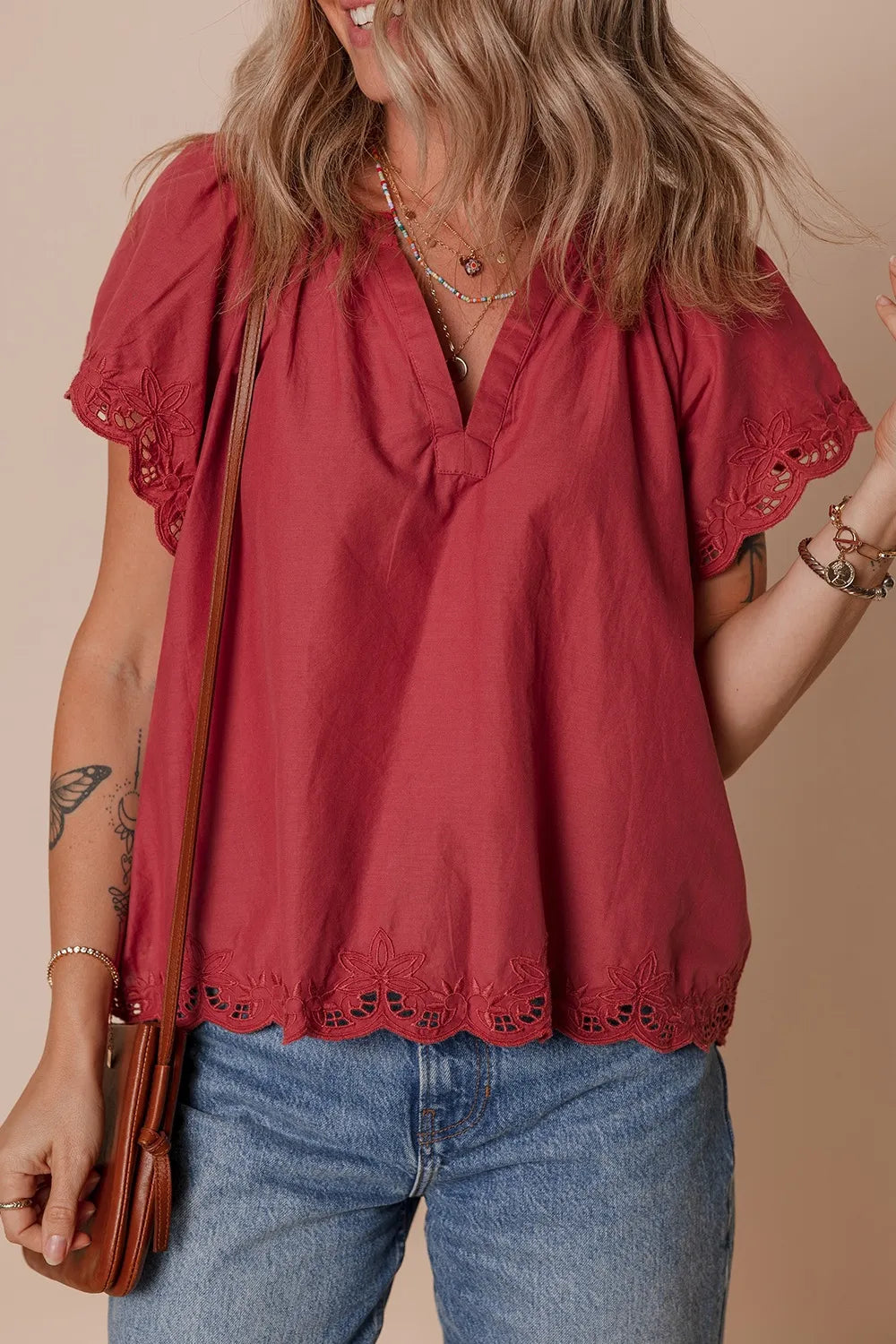 Floral Embroidered Scallop Trim Short Sleeve Notched Blouse - The Eggy's store