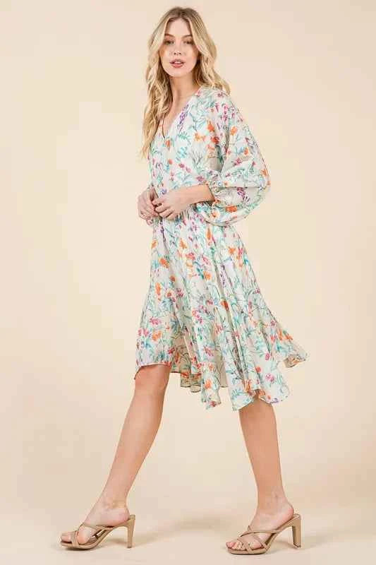 Lime 'N' Chili Floral Cinched Waist Balloon Sleeve V-Neck Dress