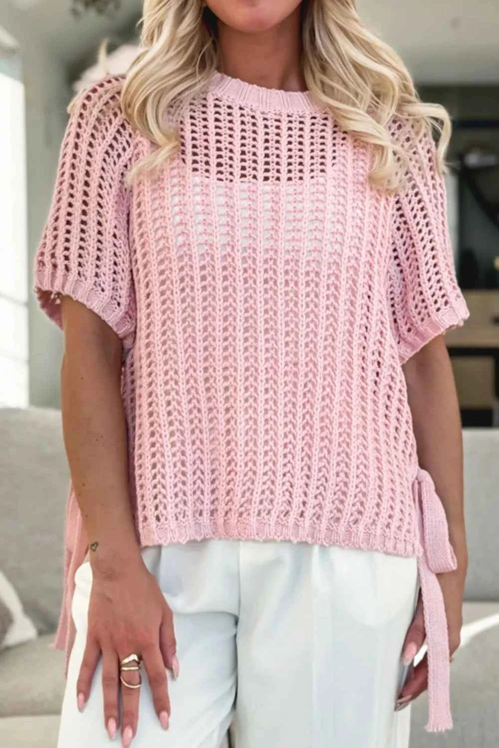 Hollow-out Crochet Side Tied Short Sleeve Knit Cover Up