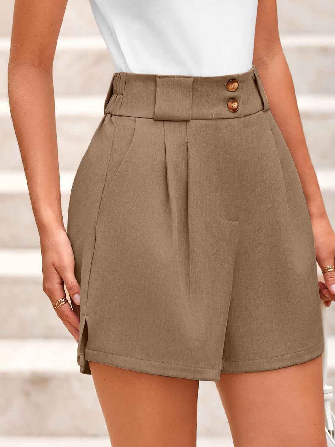 Two Button Wide Waistband Shorts