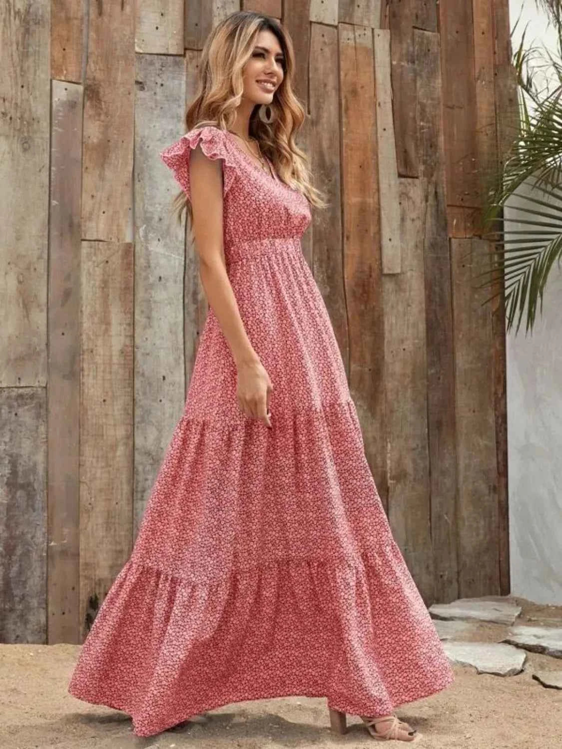 Printed V-Neck Ruffled Cap Sleeve Maxi Dress