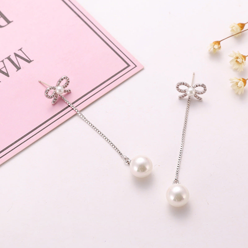 Sterling Silver Bow Earrings with Pearl - Hypoallergenic Long Pendant Jewelry Two Ways - The Eggy's store