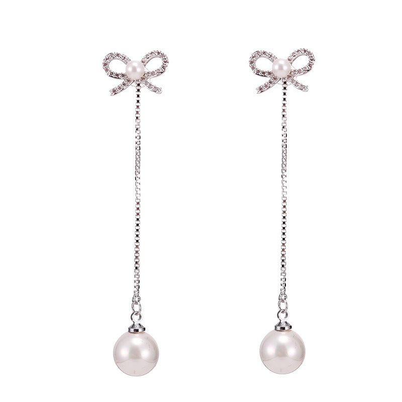 Sterling Silver Bow Earrings with Pearl - Hypoallergenic Long Pendant Jewelry Two Ways - The Eggy's store
