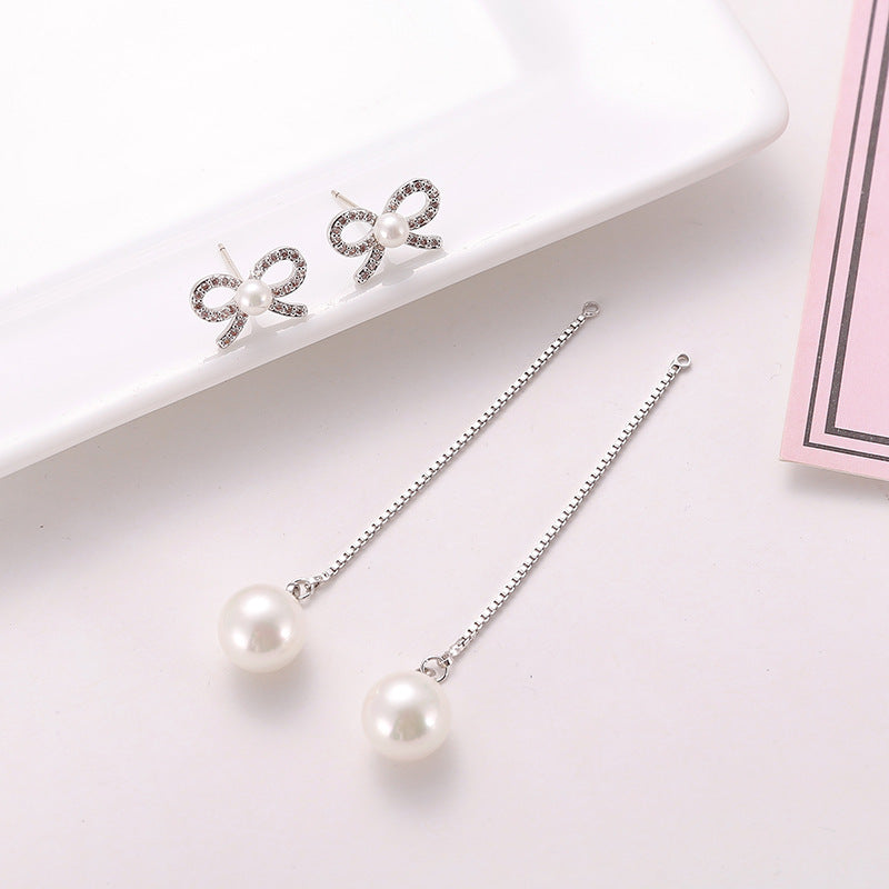 Sterling Silver Bow Earrings with Pearl - Hypoallergenic Long Pendant Jewelry Two Ways - The Eggy's store