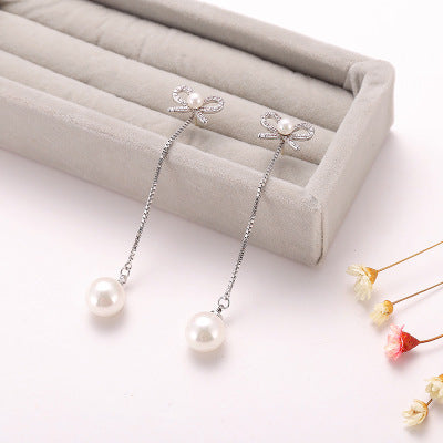 Sterling Silver Bow Earrings with Pearl - Hypoallergenic Long Pendant Jewelry Two Ways - The Eggy's store